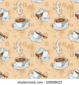 Steam coffee cups seamless pattern on a circle background