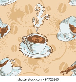 Steam coffee cups seamless pattern on a circle background