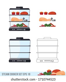 Steam cooker vector illustration isolated set. Meat, vegetables and bakery. Cook healthy food. Lines and colored picture.