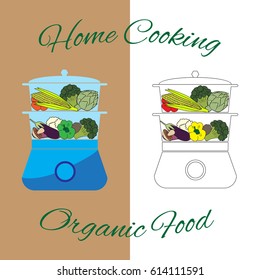 Steam cooker with vegetables and mushrooms. Food steamer. Vector illustration