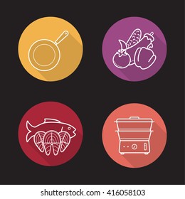 Steam cooking flat linear long shadow icons set. Frying pan, vegetables, fish fillet slices and steam cooker. Vector line symbols