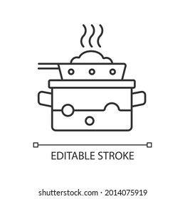 Steam for cooking linear icon. Boil water in pot to cook meal on pan. Dinner recipe. Thin line customizable illustration. Contour symbol. Vector isolated outline drawing. Editable stroke