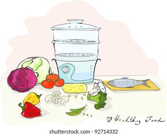 Steam cuisine and some fresh healthy food