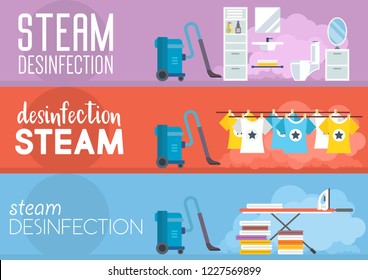 Steam Disinfection at Home. Cleaning Service Business Concept. Advertising Banner Cleaning Service. House Disinfection Set. Washing Vacuum Cleaner. Ironing Clothes. Vector Flat Illustration.