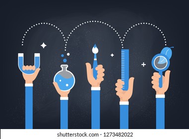 Steam Education Approach. Arts and Science. Students Holding Tools in Hands against Chalkboard Background. Vector Design.