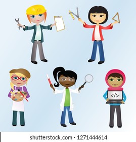 STEAM Education Girls - Female Scientist, Computer Programmer, Engineer, Artist And Mathematician