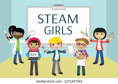 STEAM Education Girls - Female Scientist, Computer Programmer, Engineer, Artist And Mathematician