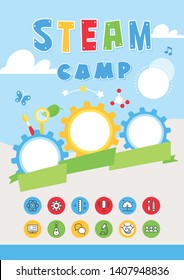 Steam Education Kids Summer Camp Colorful Poster And Icons Set