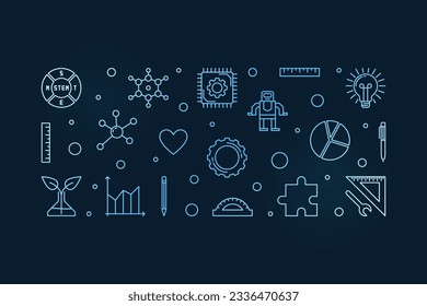 STEAM Education minimal outline blue banner. Science concept linear horizontal illustration with dark background