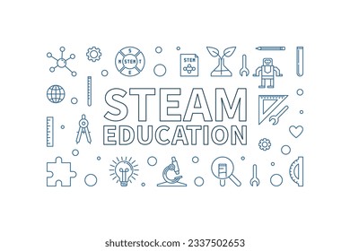 STEAM Education outline Science concept simple horizontal banner. Vector Science, Tech, Engineering, Arts and Math Illustration