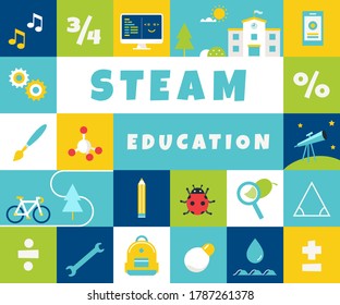 Steam Education At School Colorful Banner. Science, Technology, Engineering, Arts, Math. Vector Design