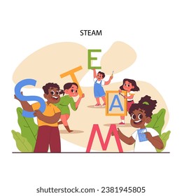 STEAM education. Schoolers gaining knowledge about technologies, science, mathematics and art. Diverse kids learning programming and engineering. Flat vector illustration