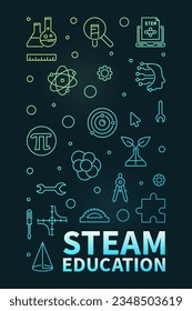 STEAM Education thin line Science concept vertical colorful banner - Science, Tech, Engineering, Arts and Math vector Illustration with dark background
