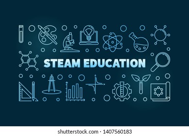 STEAM Education Vector Concept Blue Linear Science, Technology, Engineering, The Arts And Mathematics Horizontal Illustration On Dark Background