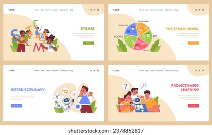 STEAM education web banner or landing page set. Schoolers gaining knowledge about technologies, science and mathematics. Diverse kids learning programming and engineering. Flat vector illustration