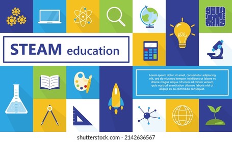 Banner web de STEAM Education. Ciencia, Tecnología, Ingeniería, Artes, Matemáticas. Ilustración vectorial.