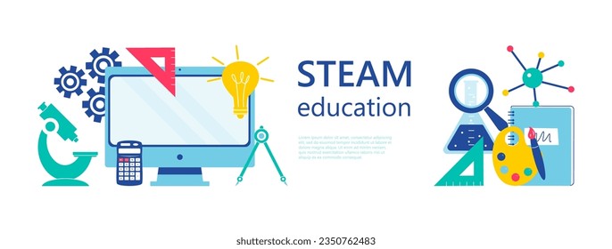 Banner web de STEAM Education. Ciencia, Tecnología, Ingeniería, Artes, Matemáticas. Ilustración vectorial.