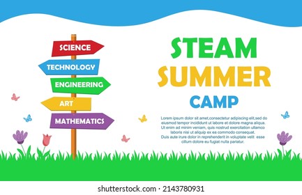 STEAM educational kids summer camp. Colorful poster. Science, technology, engineering, art, mathematics. Education Concept. Flat Vector.