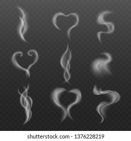 Steam effect from hot drink or smoke of cigarette or vapor realistic set with various heart and swirl shapes on transparent background isolated realistic vector illustration.