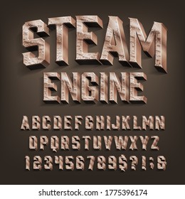 Steam Engine alphabet font. 3d retro brass letters and numbers. Stock vector typescript for your design.