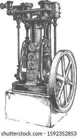 Steam Engine, Antique piston pump. Vector hand drawn illustration in vintage engraved style. Isolated on white background. 