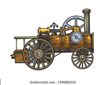 Steam Engine Tractor Sketch Engraving Vector Illustration. T-shirt Apparel Print Design. Scratch Board Imitation. Black And White Hand Drawn Image.