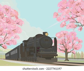 Steam engine train in spring. 