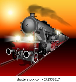 Steam engine train at sunset. Detailed vector Illustration