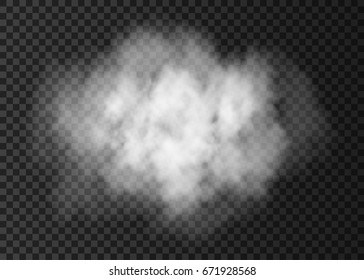 Steam explosion special effect.  White  smoke cloud  isolated on transparent background. Realistic  vector   fire fog or mist texture .