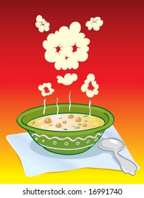 steam in the form of a skull above a plate with soup (vector)