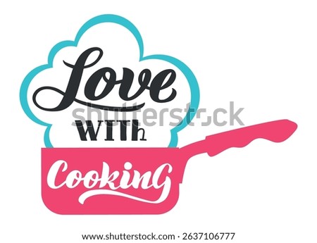 Steam forming a heart shape with the words love with inside it, over a pink pan with the word cooking written on it, forming a concept about the love for cooking