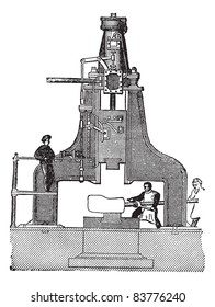Steam hammer, vintage engraved illustration.Trousset encyclopedia (1886 - 1891).