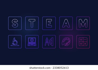 STEAM horizontal vector outline colorful illustration. Science, technology, engineering, arts and math banner with dark background