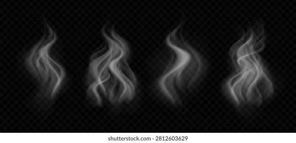 Steam from hot coffee cup with realistic smoke effect. White campfire fume swirls isolated on black background. Magic vapor and transparent water mist for food and drink design overlays.
