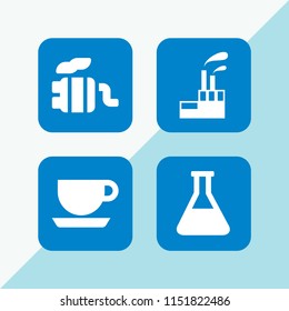 steam icon. 4 steam set with coffe cup outline, flask outline, exhaust pipe and industrial building with contaminants vector icons for web and mobile app