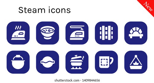 steam icon set. 10 filled steam icons.  Collection Of - Iron, Soup, Railway, Dumpling, Pot, Mug
