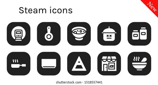 steam icon set. 10 filled steam icons.  Simple modern icons about  - Railway, Pan, Soup, Pot, Pots, Frying pan, Air, Coffee shop
