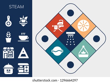  steam icon set. 13 filled steam icons. Simple modern icons about  - Smoke detector, Pot, Coffee maker, Coffee shop, Air, Pan, Ironing board, Soup
