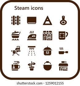  steam icon set. 16 filled steam icons. Simple modern icons about  - Railway, Soup, Air, Pan, Pot, Iron, Coffee shop, Mug, Ironing board, Smoke detector, Frying pan