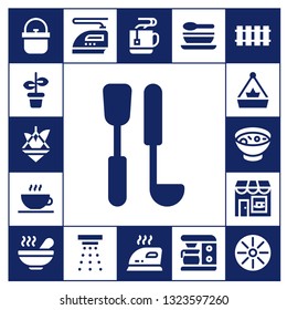 steam icon set. 17 filled steam icons.  Collection Of - Pot, Soup ladle, Coffee shop, Soup, Iron, Smoke detector, Mug, Coffee maker, Railway, Pan