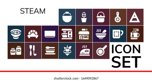 conjunto de iconos de vapor. 19 iconos de vapor rellenos.  Iconos modernos sencillos, como: Pot, Soup, Pots, Pila de Sopa, Hierro, Pan, Dumpling, Cafetera, Cafetería, Mug, Aire