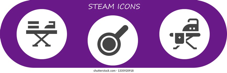 steam icon set. 3 filled steam icons.  Collection Of - Iron, Pan, Ironing board