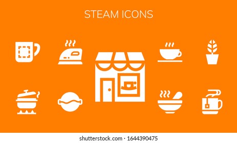 steam icon set. 9 filled steam icons. Included Coffee shop, Soup, Iron, Pot, Mug icons