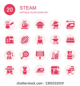 steam icon set. Collection of 20 filled steam icons included Cezve, Tea cup, Pot, Grill, Iron, Coffee maker, Dumpling, Frying pan, Vacuum, Ironing