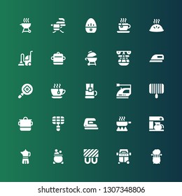 steam icon set. Collection of 25 filled steam icons included Pot, Grill, Heating, Coffee maker, Frying pan, Iron, Tea cup, Ironing, Vacuum, Dumpling, Kitchen timer