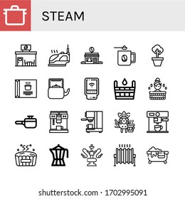 conjunto de iconos de vapor. Colección de cacerolas, cafetería, hierro, tazón, sopa, hervidor de agua, detector, Sauna, olla de cocina, cafetera, bañera de hidromasaje, tubo de agua, iconos de calor