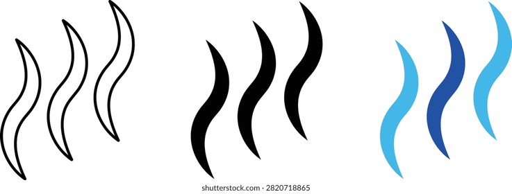 Steam icon set. Wavy heat smoke lines symbol. hot drink, aroma, smell, and evaporation sign. Hot steam concept. Vector design in outline, solid, black, and blue styles