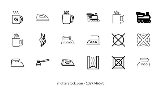 Steam icons. set of 18 editable outline steam icons: mug, iron, no dry cleaning, coffee, locomotive, turk, smoke