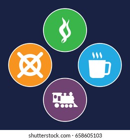 Steam icons set. set of 4 steam filled icons such as mug, no dry cleaning, locomotive