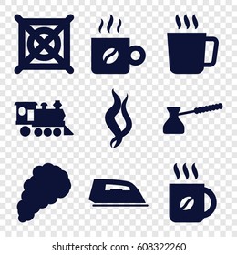 Steam icons set. set of 9 steam filled icons such as mug, iron, no dry cleaning, coffee, locomotive, turk